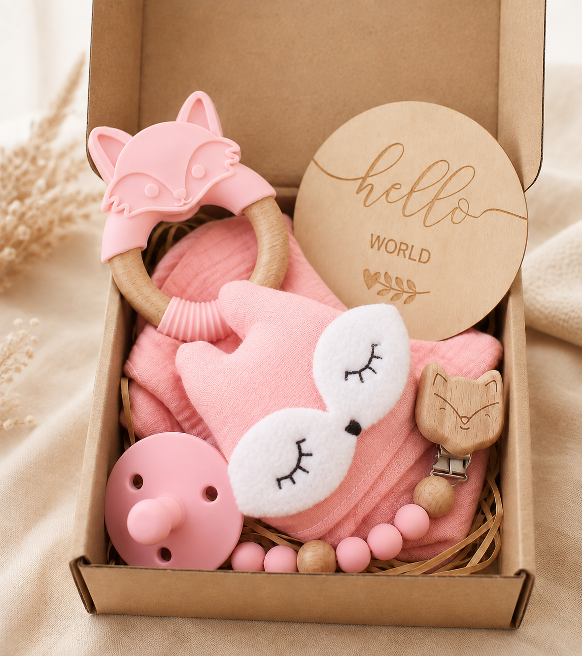 Set de Accesorios Zorro, Chupete y Juguetes para Recién Nacido